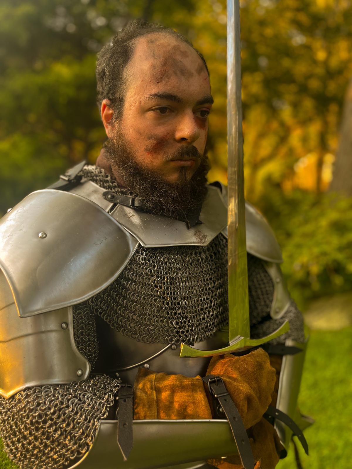 A knight in shining armor, holding his sword up, staring blankly ahead